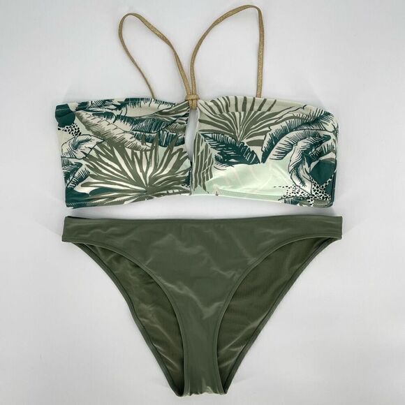 Aerie Keyhole Bandeau Top Cheeky Bottom Swimsuit Set Green Tropical Print XXL - Picture 1 of 9